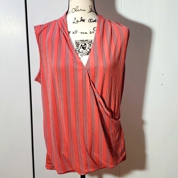 Adrianna Papell- Coral/Pink Striped Wrap Front Sleeveless Top Shell  Sz.Small - Picture 1 of 5
